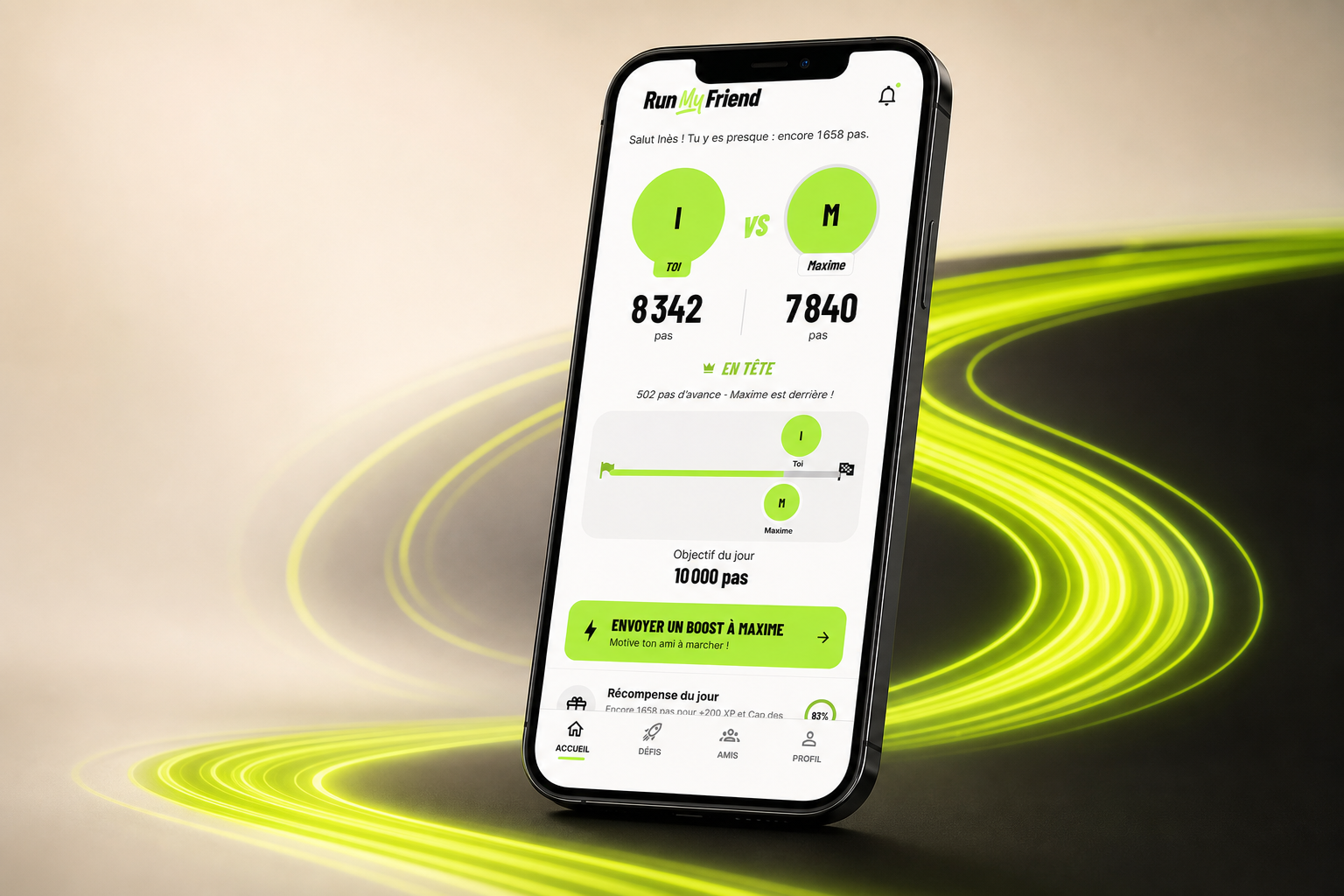 Run My Friend sur iPhone, avec 8 342 pas et un défi amical en cours